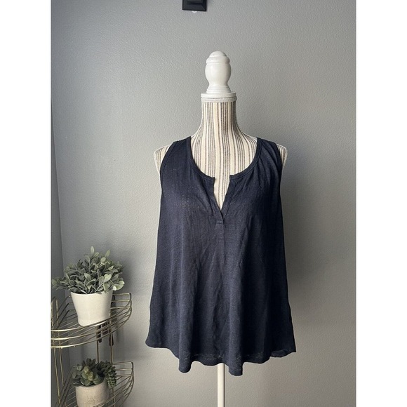 EUC Vince womens Large navy blue 100% linen split neck sleeveless tank top - Picture 1 of 5